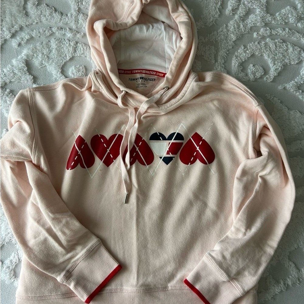 Tommy Hilfiger Light Pink Hoodie with Red and Navy Heart Motif